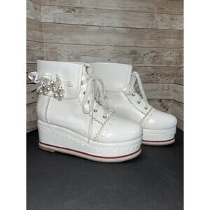 White Lolita Baby Doll Cosplay Platform Kawaii Pearl Bows Lace Up Boots New Sz 9